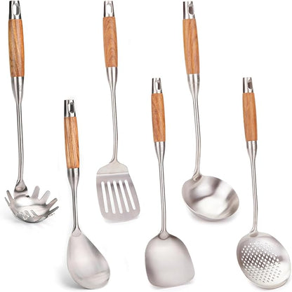 FJNATINH Wok Utensils for Carbon Steel, Stainless Steel Wok Spatula Metal Set, 6-Pieces 13-15 Inch Extra Long, Wok Tools Professional Set, Wooden Handle Skimmer, Soup Ladle, Slotted Turner