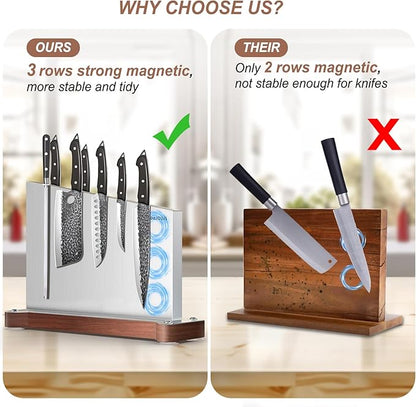 Large Magnetic Knife Holder16.15 x 11 Inches, Double Sided Magnetic Knife Block Without Knives, Stainless Steel Knife Storage Rack for Kitchen Counter With Strong Magnet Stand & Wood Base