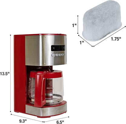 Kenmore Aroma Control 12-cup Programmable Coffee Maker, Red and Stainless Steel Drip Coffee Machine & Kenmore/Keurig/Cuisinart/Braun compatible replacement charcoal water filter 12 Pack pure
