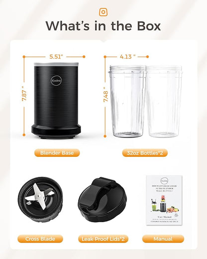 iCucina Smoothie Blender, 1000W Personal Blender for Shakes and Smoothies with 2 x 32oz Protable Cups and Lids, Single Serve Blenders for Ice Crushing, Bean Grinding, Frozen Fruit Drinks, Black