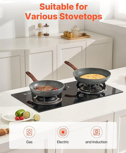 VEVOR Frying Pan Skillet，Nonstick Granite Egg Pan Omelet Pans, 3 Piece Set (9.5, 11, 12 in), Nonsitck Heavy-Duty Skillets with Heat-Resistant Handle, for Gas, Electric, Induction