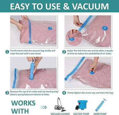 6 Pack Vacuum Storage Bags with Hand Pump, 80% Space Saver Vacuum Seal Storage Bags for Clothing, Travel Lugggage, Blankets, Comforters
