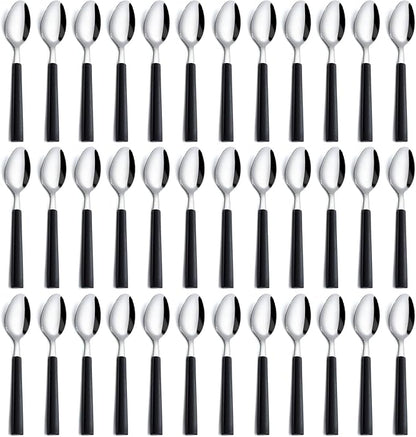 Pleafind 36Pcs Dessert Spoons Set (7.4 inches), Stainless Steel Mirror Polished Spoon with Black Frosted Handle, Spoons Silverware for Home, Kitchen, Restaurant, Dishwasher Safe
