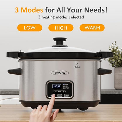 Sunvivi 4qt Slow Cooker, Programmable Slow Cooker with Locking Lid, Removable Ceramic Pot, 3 Heating Settings & Time Control, Mini Food Warmer with Dishwasher-safe Lid & Pot, Silver