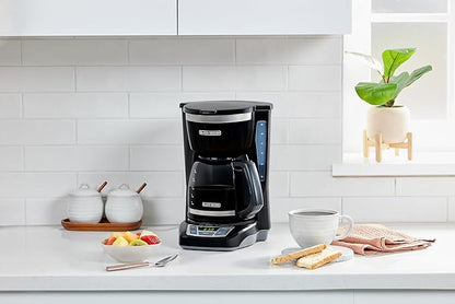 BLACK+DECKER 12-Cup Digital Coffee Maker, Programmable, Washable Basket Filter, Sneak-A-Cup, Auto Brew, Water Window, Keep Hot Plate, Black