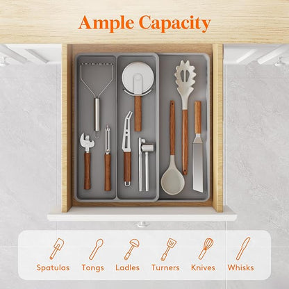 Lifewit Utensil Drawer Organizer, Expandable Cooking Silverware Tray for Kitchen Drawer, Adjustable Cutlery Flatware Holder, Plastic Spatula Tools and Gadgets Storage Divider, 3 Compartments, Gray