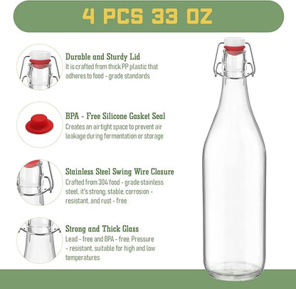 4 Pack [1 Liter / 33 fl. oz.] Swing Top Glass Bottles – Airtight Flip Top Brewing Bottles for Kombucha, Beer, Wine, Kefir, Soda, Liquor – Includes Funnel, 2 Pourers, 6 Seals, 8 Labels & Jute Twine