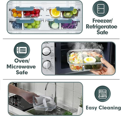 VERONES 10 Pack Glass Meal Prep Containers 2 Compartment Set, 30 OZ Airtight Glass Lunch Containers, Glass Food Storage Containers with Lids, for Microwave, Oven, Freezer & Dishwasher Friendly，Grey