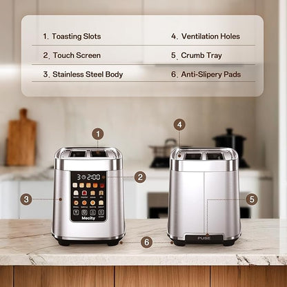 Mecity 2 Slice Toaster with Touch Screen & Auto Lift, Stainless Steel Cool-Touch Toaster with 8 Bread Settings, 5 Shade Levels, 1200W High Power, Keep Warm & Reheat Function, Stainless Steel, 120V