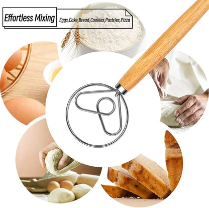 Danish Dough Whisk Stainless Steel Hook Dutch Style Bread Mixer with Wooden Handle for Sourdough Making Tools