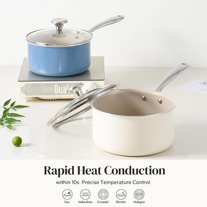 Redchef Nonstick Ceramic Sauce Pan With Lid, 3.5QT Small Cooking Pot with Stay-Cool Handle, Kitchen Non Toxic Soup Pot, PTFE & PFOA Free, Oven & Dishwasher Safe, Compatible with All Stovetops-Beige