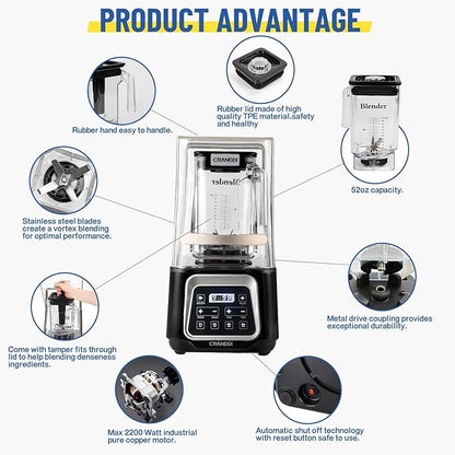 CRANDDI Commercial Smart Smoothie Blender - 2200W High-Power Professional Blenders for Smoothies & More, 4 Pre-Set Programs, Quiet Blender with Removable Shield, 52oz Jar, 120V, K80TS (Black)