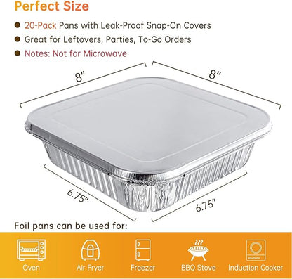 8x8 Aluminum Pans with Lids - 20 Pack Disposable Baking Pans, Heavy Duty Tin Foil Pans with Lids for Cake Baking, Cooking, Heating, Storing, Prepping Food