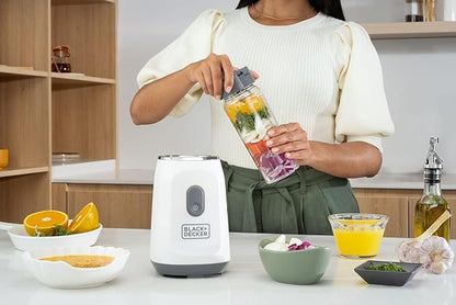 BLACK+DECKER® Ice Crush Single Serve Blender with Pulse/ON Button, Base, Two 20oz Personal Blender Jars, Blade Assembly, Travel Lid, White