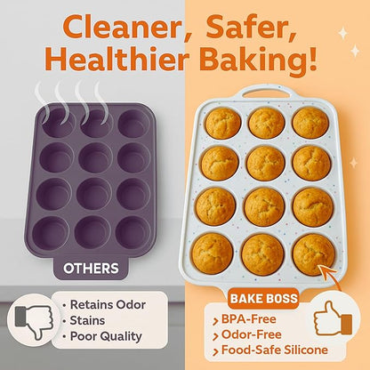 2 Pack Regular Muffin Pan - 12 Cup Silicone Muffin Pan for Baking with Metal Reinforced Frame - Regular Size Cupcake Pan, BPA Free Silicone Muffin Tray - Oven & Dishwasher Safe - Cream
