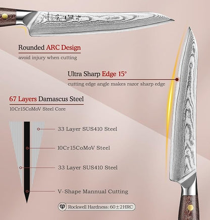 HEZHEN Carving Knife, 67 Layers Damascus Steel BBQ Slicing, 8.3 Inches, Professional Brisket Slicing Meat Knife, Ergonomic Micarta Handle, Gift Packing