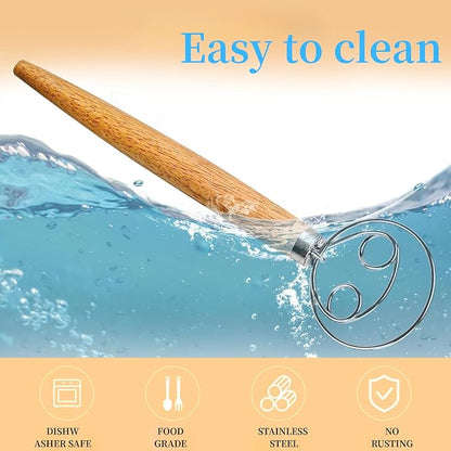 Danish Dough Whisk Stainless Steel Dough Hook Dutch Whisk for Sourdough Bread Dough Mixer Hand Wooden Handle Kitchen Whisking Mixing Tool Bread Making Tools and Supplies pizza dough