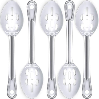 Super Strong, Ergonomic 11 in Serving Spoon 5 Pk. Big, Slotted Stainless Steel Spoons for Cooking, Baking and Basting. Best Kitchen Flatware for Buffet and Banquet Service in Restaurants and Homes