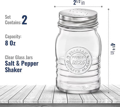 Bormioli Rocco Officina 1825 Salt And Pepper Shaker, Set Of 2, Clear, 8 Oz. Stain Resistant, Durable Glass Jars, Dishwasher Safe.