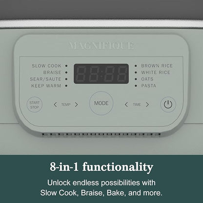 MAGNIFIQUE 6 Quart Multi-Cooker, with 8-in-1 Casserole Programmable Slow Cooker, Dutch Oven, Pasta, Nonstick, Oven Safe Pot to 500°F Olive Olive