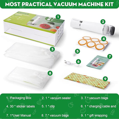 Vacuum Sealer for Food with Visible Water Tank, Handheld Saver Compact Vacuum Sealer Machine with 14 Reusable Vacuum Bags, 6X Preservation & Fresh, Includes Gift Wrapping