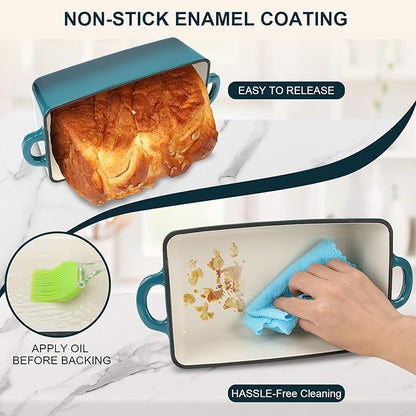 9x5 Inch Enameled Cast Iron Loaf Pan with Lid | 2 in 1 Homemade Sourdough Bread Baking Pan for Homemade Bread, Cake, Meatloaf | Durable 2 Piece Set, Blue Color