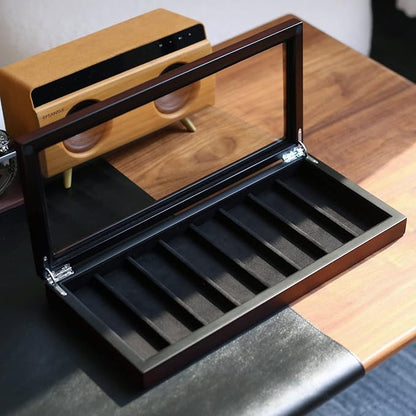 Knife Display Case Organizer storage 8 pocket knives, Folding Knife Holder with Real Glass Window Top， Pocket knife collection box for men gift (Ebony Veneer 8 slot)