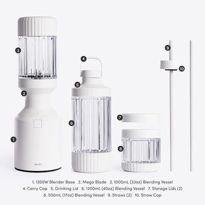 Beast Mega 1200 Plus | Premium Countertop Blender | Smoothies, Shakes, Sauces, Dips, Soups | Blends Ice and Frozen Fruit | XL Vessel | With Extra Vessels, Straw System | 1200W | (Cloud White, 120V)