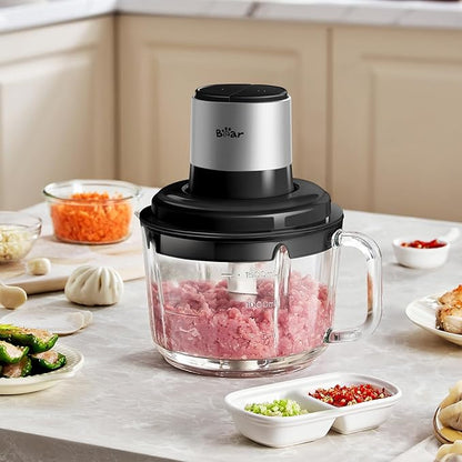 Bear Food Processor, Electric Food Chopper with 8 Cup/2L Handheld Glass Bowls, No-Hole 4 Bi-level Stainless Steel Blades for Easy Cleaning, 2 speed 400W Power Motor Grinder for Meat, and Baby Food