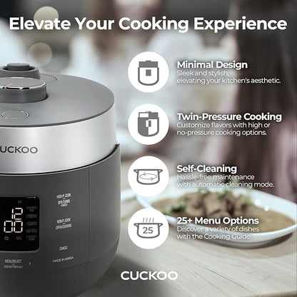 CUCKOO Twin Pressure Rice Cooker 6-Cup Uncooked / 12-Cup Cooked with Nonstick Inner Pot, Versatile Rice Maker & Warmer with 16 Menu Options, Open Cooking Mode, Voice Guide, Gray (CRP-ST0609FG)