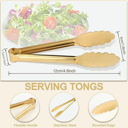 4 Pack Gold Tongs for Serving Food, 9 Inch Serving Tongs, Gold Buffet Tong Stainless Steel Utensils, Metal Kitchen Tong for Salad, Steak, Appetizer, Snack and Small Food (GOLD, 9INCH)