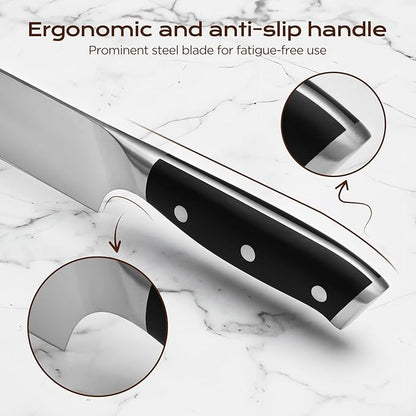 14-Piece Kitchen Knife Set with Oak Wood Block – 3Cr13 Stainless Steel Knife Block Set with Chef Knife, Santoku, Bread, Utility, Paring & 6 Steak Knives, Kitchen Shears & Sharpening Rod