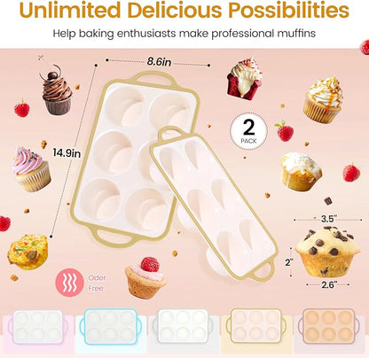 Silicone Jumbo Muffin Pan with Metal Frame, Non Stick Food Grade Silicone Large Muffin Pan, with Handles 6 Cup,BPA-Free and Dishwasher Safe, Jumbo Cupcake Pans - 2 Piece Light Yellow