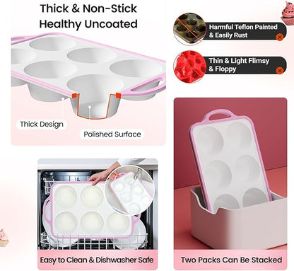 Silicone Jumbo Muffin Pan with Metal Frame, Non Stick Food Grade Silicone Large Muffin Pan, with Handles 6 Cup,BPA-Free and Dishwasher Safe, Jumbo Cupcake Pans - 2 Piece Pink