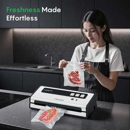 FRESKO Automatic Vacuum Sealer for Food with 95 kPa Powerful Suction, Compact Food Sealer machine Starter Kit with 10 Vacuum Bags for Dry/Moist Food, Sous Vide, Meal Prep