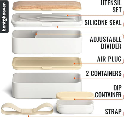 Bentoheaven Premium Bento Box Adult Lunch Box with Compartments for Women & Men, Set of Utensil & Chopsticks & Dip Container, Cute Japanese Kids Bento Lunch Box, Microwavable (Bright Light)