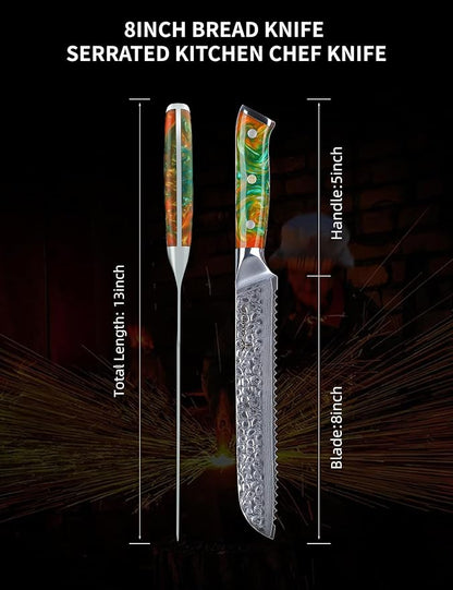 8" Bread Knife Serrated Blade- Hammered Damascus Steel & Resin Handle - Yao Series