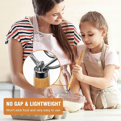 Walfos Wood Danish Dough Whisk, Wooden Sourdough Mixer With Stainless Steel Ring, Kitchen Hand Bread Whisking Tool for Cake, Pizza, Pastry, Biscuits