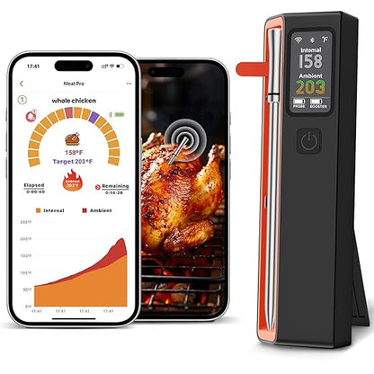 Wireless Bluetooth Smart Meat Thermometer: ±0.5°F Precision, 1 Probe with 6 Sensors - WiFi Thermometer NIST Certified Accuracy, LED Smart Base, Long-Range for BBQ, Oven, Smoker, Rotisserie