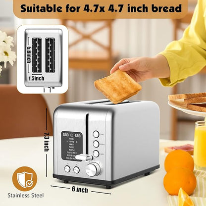 2-Slice Toaster with 8 Bread Types & 6 Browning Levels, Timer Count-down Display, Defrost, Reheat and Cancel Setting with LED Lighting, Extra lifting, Self-centering and Single Function, 825W
