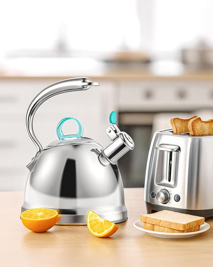 Harriet Tea Kettle Stovetop, 2.5 Quart Whistling Stainless Steel Tea Pot, 3-Layer Base, Unique Ergonomic Handle, Includes Pot Holder & Mat, Electric/Induction/Gas Stovetops Applicable, Mirror Finish