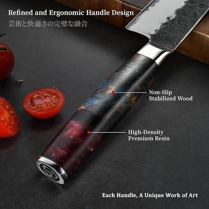 Japanese Chef Knife, 8 Inch Hand Forged Kitchen Knives with VG10 Steel, Professional Gyuto Knife for Home & Restaurant, Sanmai Chefs Knives with Ergonomic Red Handle, Cooking Gifts for Men Women