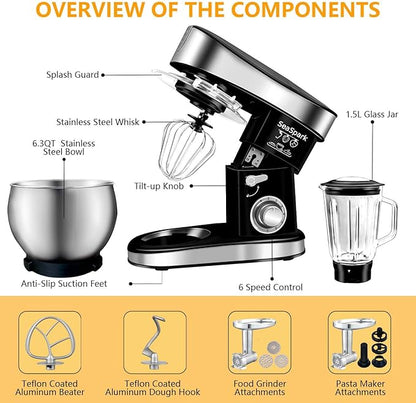 Multifunctional Stand Mixer 6.3Qt 6-Speed Tilt-head, Electric Kitchen Mixer with Stainless Steel Bowl,Meat Grinder, Juice Blender (Black)