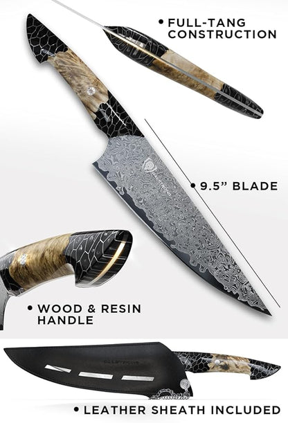 Dalstrong Chef Knife Professional- 9.5”-Scorpion Series - Venom Edition - Japanese Steel Chef Knife - Spiral Sandstorm Blade Pattern - Black Honeycomb Resin Handle - w/Chef KnifeSheath