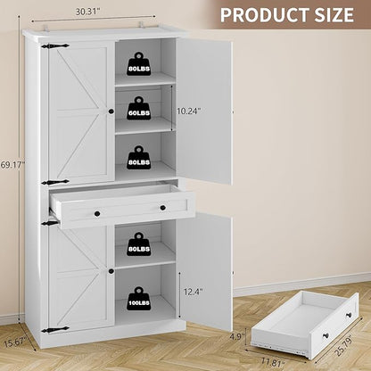 Pantry Organizers and Storage Cabinet, 70” Barn Door White Kitchen Cabinet with Drawers and Adjustable Shelf, Tall Pantry for Kitchen, Dining Room, Living Room Bedroom
