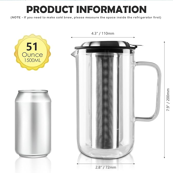 Aquach 51oz Glass Teapot with Stainless Steel Removable Infuser, Stovetop & Dishwasher Safe, Ideal for Loose & Blooming Tea Brewing