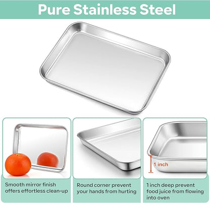 TeamFar Toaster Oven Pan with Cooling Rack Set, 10.5’’ x 8’’ x 1’’ Stainless Steel Compact Toaster Oven Small Baking Pan Tray with Mini Grid Rack, Non-Toxic & Heavy-Duty, Dishwasher & Oven Safe