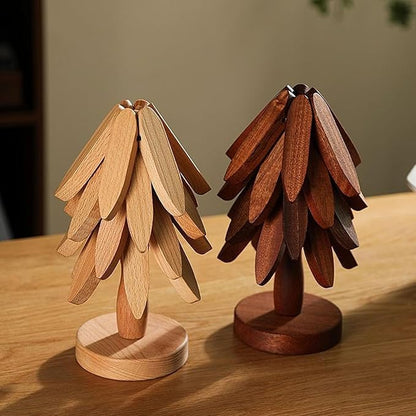 Natural Wood Tree Trivet Set, 𝐍atural Tree Trivet Set - 4 Wooden Trivets,4 Wooden 𝐓rivets & 1 Stand Like a Christmas Trees,for Hot Dish,Pot,Bowl,Teapot,Hot Pot Sets (Walnut Finish 4 Trivets,2set)