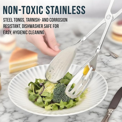 2-PACK Salad Tongs for Serving - Premium Stainless Steel Scissor-Style, Non-Toxic, Heat-Resistant Salad Servers, Dishwasher Safe, Ideal for Buffet and Party Use (Silver)