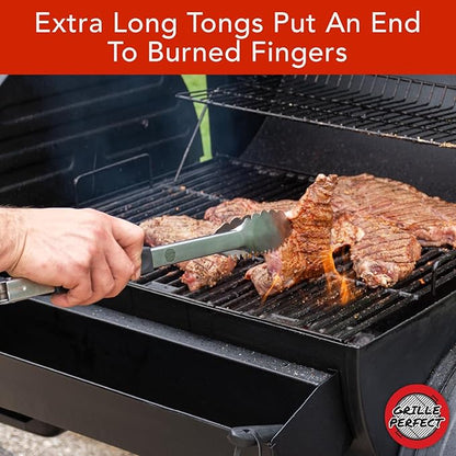 Grill Tongs 16-Inch Extra Long Heavy Duty for Grilling and Barbecue Heat Resistant Hand Grips Stainless Steel for BBQ Outdoor Kitchen and Cooking Hot Grilled Food